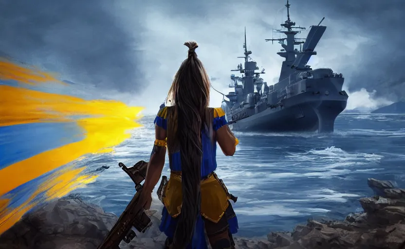 Prompt: view from behind of a girl in national clothes with blue and yellow stripes in her hair and a huge rifle behind her back standing against a Russian warship and she is ready to fight, concept art, highly detailed, smooth, sharp focus, Artstation, 8k, unreal engine
