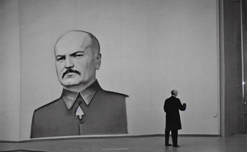 Image similar to 60s movie still of a stalinist style parlement with a giant portrait of Lenin, by Irving Penn , cinestill 800t 35mm eastmancolor, heavy grainy picture, very detailed, high quality, 4k, HD criterion, precise texture