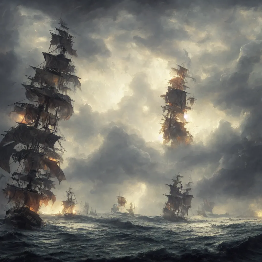 Prompt: pirate ship in a storm, hurricane, fantasy epic legends stylized digital illustration radiating a glowing aura illumination ray tracing hdr fanart arstation, 8 k, art by greg rutkowski, ultra detailed