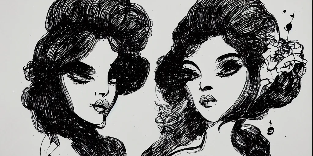 Image similar to ink lineart drawing of a beautiful woman, doll face, big lips, pinup, white background, etchings by goya, chinese brush pen, illustration, high contrast, deep black tones contour