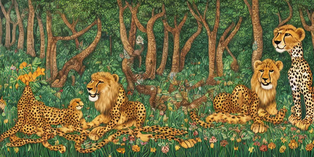 Image similar to cheetah and lion in front of birthday table in fairytale forest , huge scale, high detail, intricate by Axel Scheffler