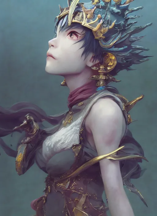 Image similar to matte painting, by yoshitaka amano, by ruan jia, by conrad roset, by good smile company, detailed anime 3d render of a female jester goddess, portrait, cgsociety, artstation, quirky modular costume and grand headpiece in the style of fischer price, surreal mystical atmosphere