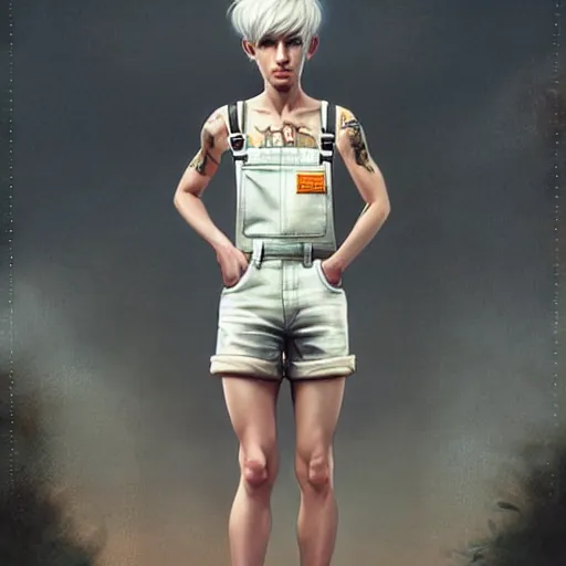 Image similar to full body pose, beautiful androgynous girl, white pixie cut hair, torn overalls, short shorts, combat boots, fishnets, beautiful, highly detailed face, true anatomy!, extremely detailed!, digital painting, unreal engine 5, art by tom bagshaw