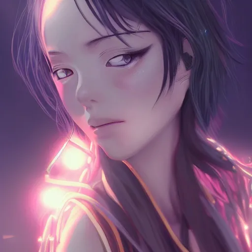 Image similar to A realistic anime painting of a beautiful android woman with glowing yellow gold eyes. digital painting by Sakimichan, Makoto Shinkai, Rossdraws, Pixivs and Junji Ito, digital painting. trending on Pixiv. SFW version —H 1024