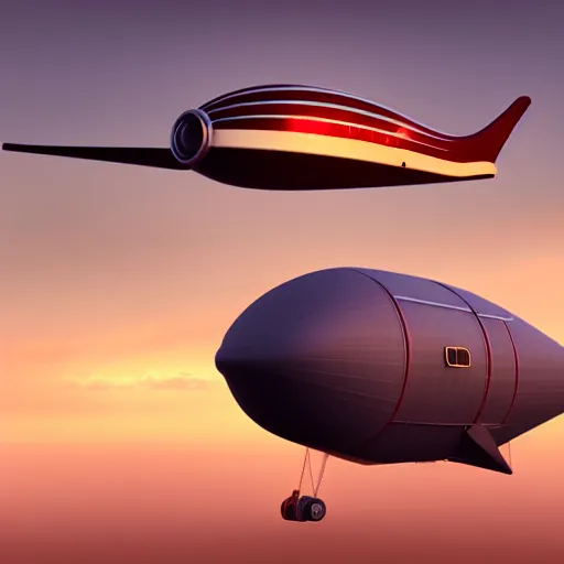 Prompt: photorealistic plane and blimp and airship dieselpunk art deco streamlined crimson sky by paul roman martinez, octane render, 3 d, highly detailed,