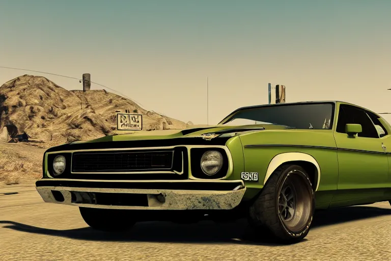 Prompt: 3 5 mm low angle photo 1 9 7 3 ford falcon gt mad max hot rod on a deserted post apocalyptic road, gta 5, hyper detailed, smooth, high contrast, volumetric lighting, octane, jim lee, giorgetto giugiaro, craig mullins, chris bangle, george miller, ian callum, vibrant rich deep color, comic book