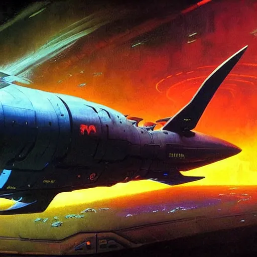 Image similar to a dark and colorful close - up of a sci - fi spaceship with led lights glowing fog in the background. highly detailed science fiction painting by norman rockwell, frank frazetta, and syd mead. rich colors, high contrast, gloomy atmosphere, dark background. trending on artstation