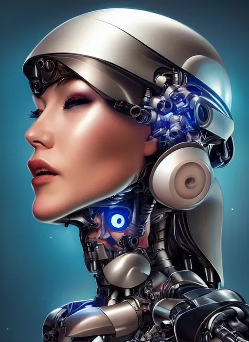 Prompt: portrait of a cyborg woman who turns her head to the right!! (((((left))))) (((((up))))) (((((down))))) by Artgerm,eyes closed , biomechanical, hyper detailled, trending on artstation