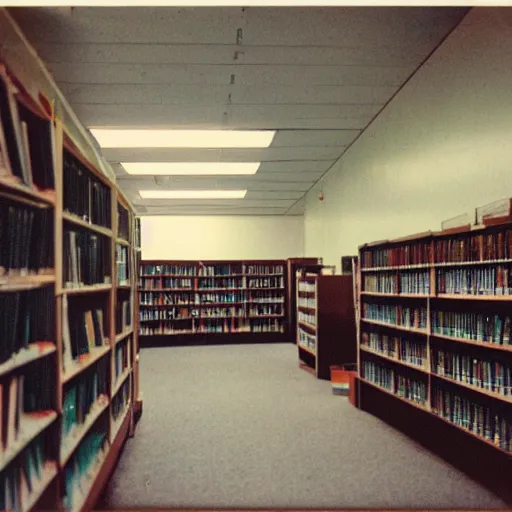 Prompt: interior of a forgotten school library from the 90s, Polaroid photo