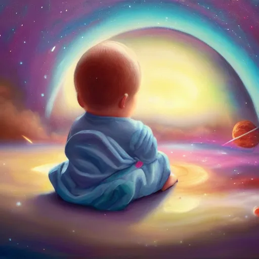 Prompt: sad lonely baby in the middle of space surrounded by colorful stars planets and galaxies, oil painting, trending on artstation