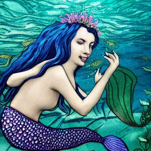 Image similar to mermaid in tears, looking at the aquarium, back side photography, closeup