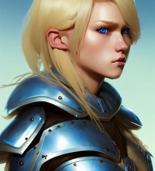 Image similar to character concept art of a cute german woman with blond hair and blue eyes, wearing plastic armor. lovely - fine - face, pretty face, key visual, realistic shaded perfect face, fine details by wlop, james jean, andrei riabovitchev, marc simonetti, sakimichan, trending on artstation