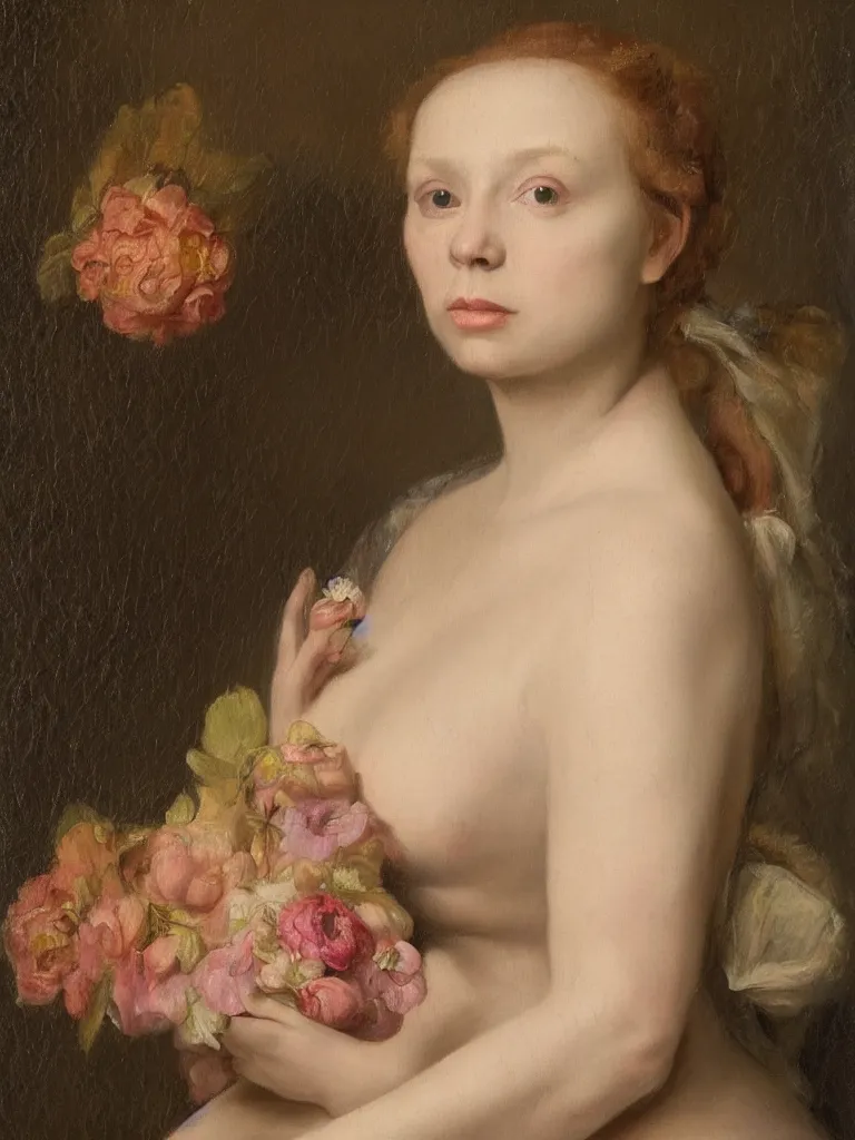 Image similar to realistic painted portrait of a beautiful young lady in the style of rachel ruysch, natural window lighting, oil painting, old masters, bared shoulders, beauty portrait,