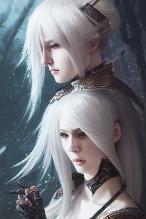 Image similar to portrait Ninja gaiden white hair girl, armored ninja wardrobe, in ruin japanese rainny temple night, ssci-fi and fantasy, intricate and very very beautiful and elegant, highly detailed, digital painting, artstation, concept art, smooth and sharp focus, illustration, art by tian zi and WLOP and alphonse mucha