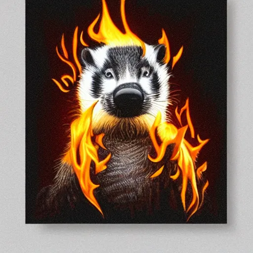 Prompt: badger with flames rising from its fur, incredibly detailed, photorealistic