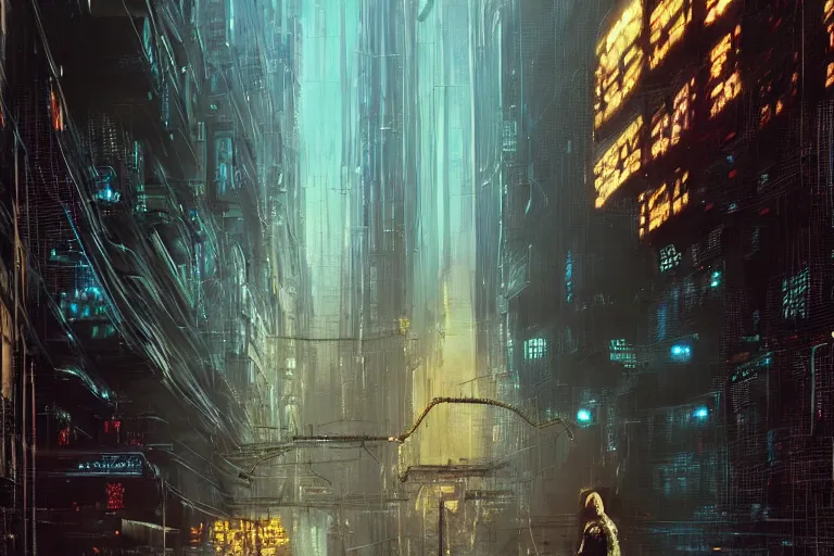 Image similar to A neuromancer very highly detailed digital artist with very highly detailed face on the street of a very highly detailed neuromancer sci-fi city digital rational painting art by Greg Rutkowski, sci-fi highly detailed, digital concept art, Dimensional cyan gold natural light, sharp focus, Golden Ratio illustration, realistic concept art by Stephen Hickman and James Gurney and Hiromasa Ogura Ghost in the Shell rendered in Octane Render, From the distance