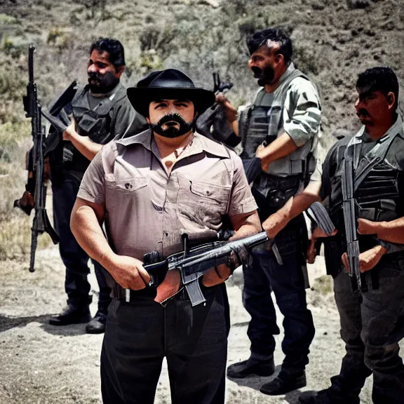 Image similar to the fearsome og shadow, mexican cartel leader, standing in front of his heavily armed men guarding him, award - winning photography