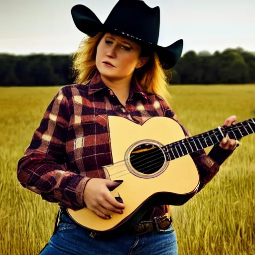 Image similar to a female fluffy anthropomorphic fox animal, head of fox, wearing cowboy hat, wearing plaid shirt, playing guitar, in a field, barn in background, album cover style