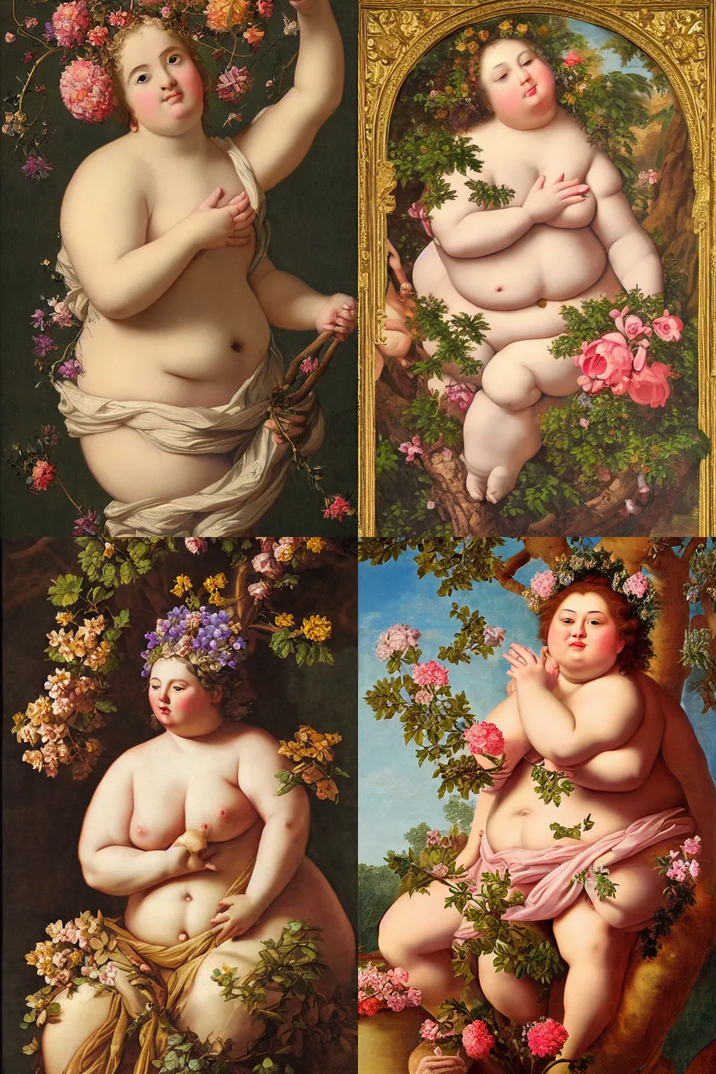 Prompt: baroque painting of a chubby goddess of trees and flowers, silks and gemstones, sunshafts, ultradetailed, beautiful, magical, soft lighting 8k