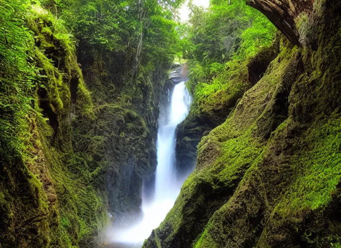 Image similar to a long capture photo of a magical waterfall, high cliff