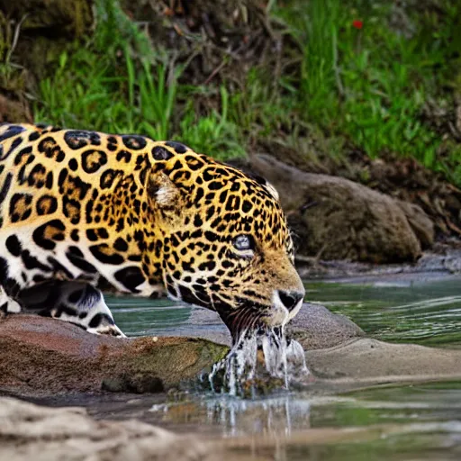 Prompt: nature photography, jaguar drinking from riverbed, 8k, award winning