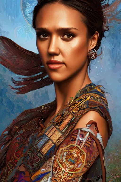 Image similar to Jessica Alba portrait, Aztec, Mayan, fantasy, elegant, intricate, by Stanley Artgerm Lau, greg rutkowski, thomas kindkade, alphonse mucha, loish, norman Rockwell