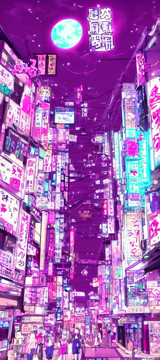 Image similar to beautiful anime! style vaporware tokyo japan, kawaii anime manga style, pink purple, illustration, minimal, neon pastel, akihabara