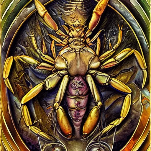 Image similar to detailed and sharp crab zodiac artwork, mystic style, detailed, 8 k, detailed, symmetrical, by brian froud