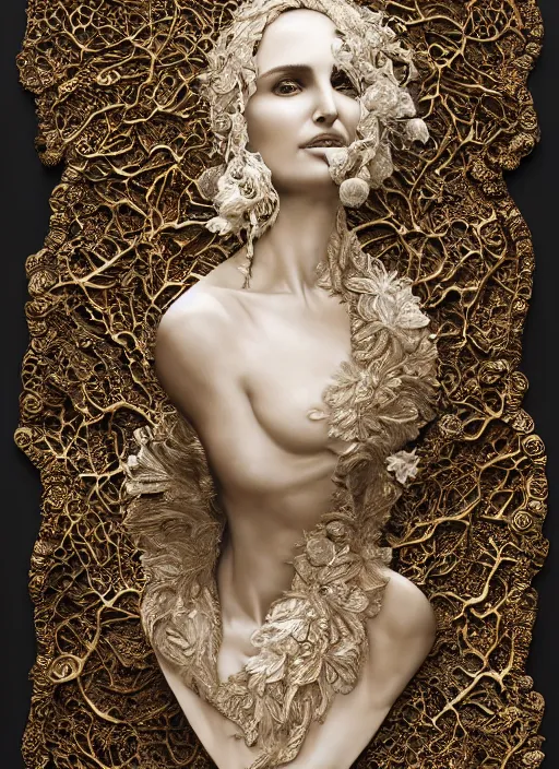 Prompt: marble sculpture of natalie portman, oil slick, palladium veins, dripping, mandelbulb, hypercube, ferrofluid, ivory carving, fractal paisley inlay, lace, intricate, elegant, highly detailed, gold inlay, metallic, ivory, artgerm, lace, by ruan jia, greg rutkowski, mucha, zbrush, nick alm