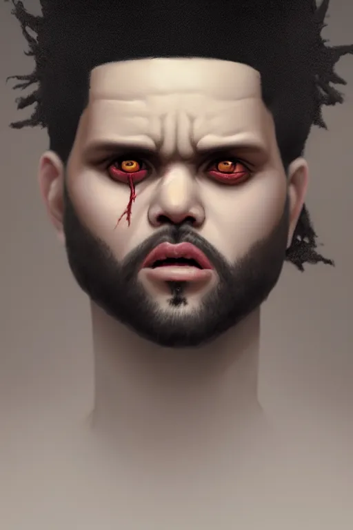 Image similar to a demonic horrific portrait of the weeknd, white eyes, bored, illustration, soft lighting, soft details, painting oil on canvas by edmund blair leighton and charlie bowater octane render, hdr, trending on artstation, 4 k, 8 k, hd