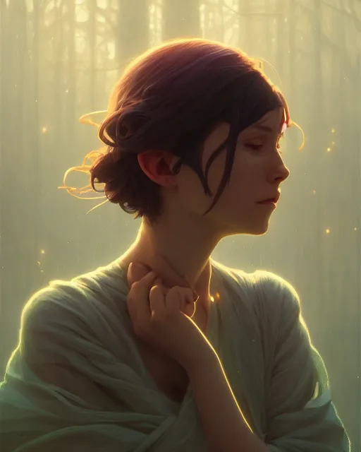 Image similar to highly detailed vfx portrait of a woman crying, unreal engine, greg rutkowski, loish, rhads, beeple, makoto shinkai and lois van baarle, ilya kuvshinov, rossdraws, tom bagshaw, alphonse mucha, global illumination, detailed and intricate environment