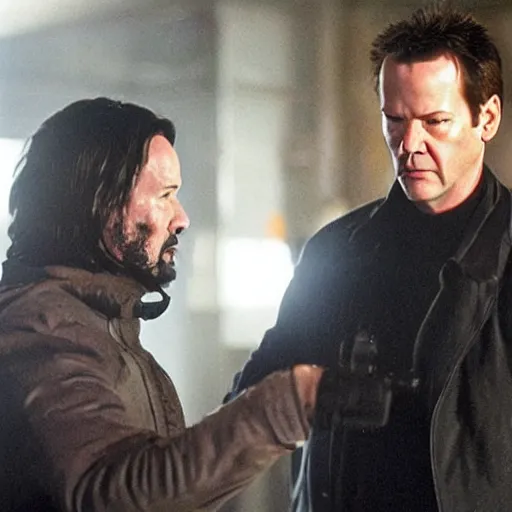 Image similar to movie still of keanu Reeves fighting Jack Bauer