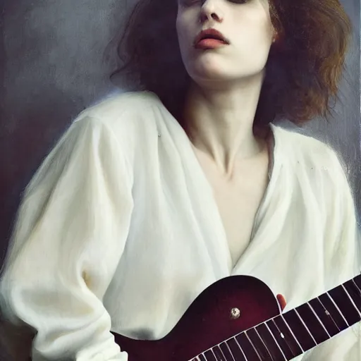 Prompt: Anna Calvi playing electric guitar, oil painting by Monia Merlo