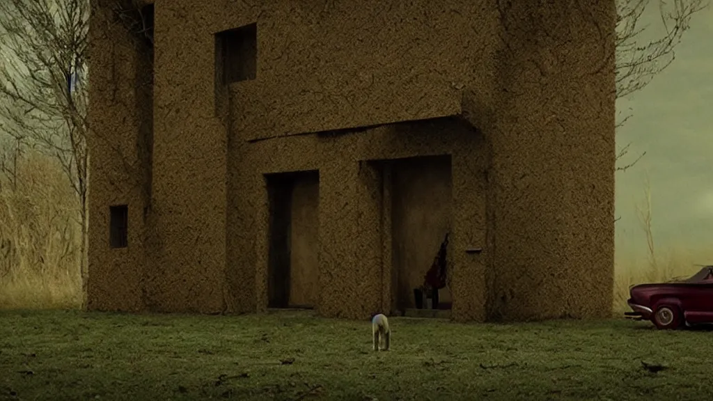 Image similar to the strange creature waits by the car, made of Chlorophyll and blood, film still from the movie directed by Denis Villeneuve with art direction by Salvador Dalí, wide lens