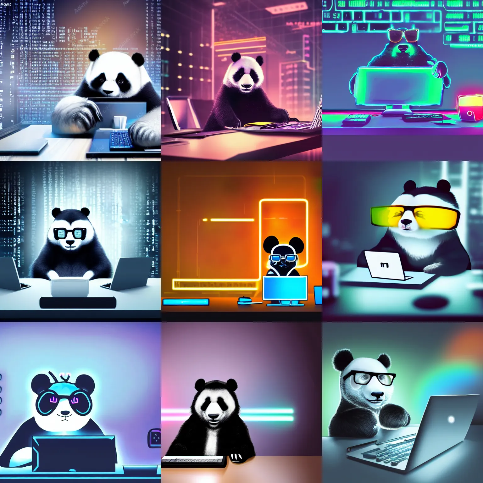 Prompt: a cute fluffy panda like a programmer wearing metal frame glasses is coding in front of the computer by hands, foggy, mystery code, Cyberpunk, neon light, 4k, hd, highly detailed, 8k, rainbow