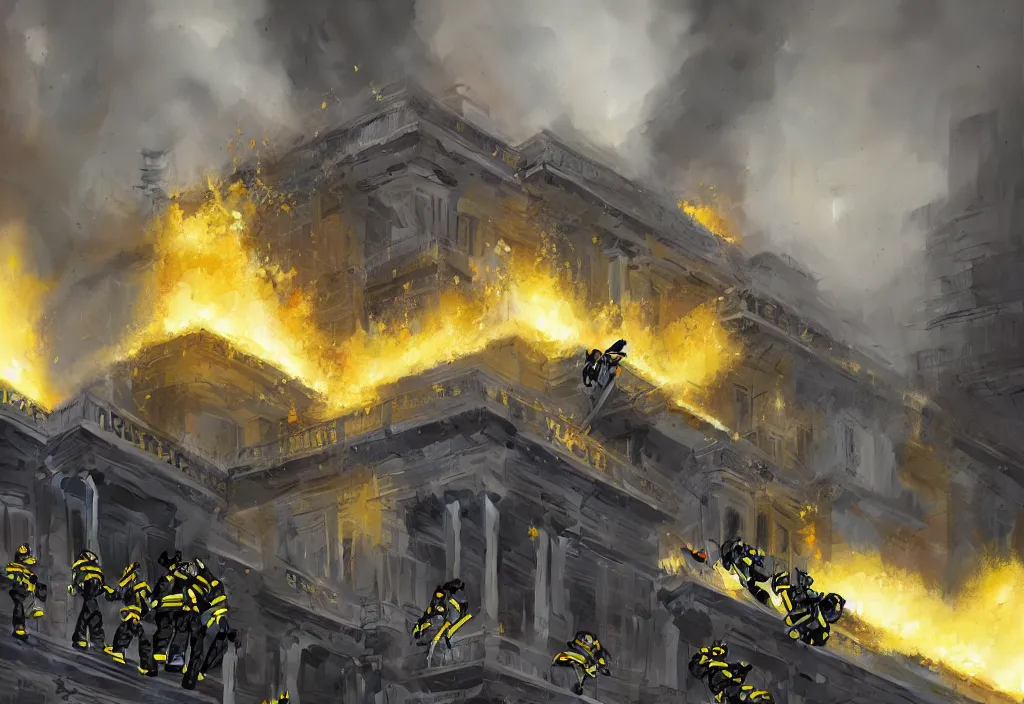 Image similar to one heroic firefighters with black and yellow uniforms in action inside white house, interior background, fire flames, sharp details, sharp focus, photorealistic, octane, hyper detailed, trending on deviantart, illustration, by jordan grimmer and greg rutkowski and pine ( ハイネ ), intricate