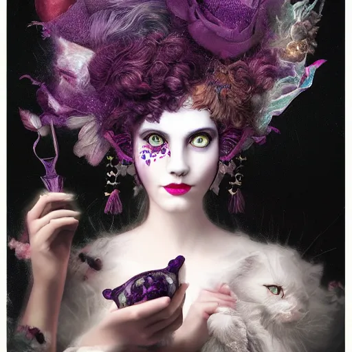 Image similar to picture generation, soft painting curiosities carnival, beautiful cat head hybrid in full long dress, accurate features, focus, very intricate ultrafine details, black white purple volumetric clouds, award winning masterpiece, octane render 8 k hd, tom bagshaw artstyle