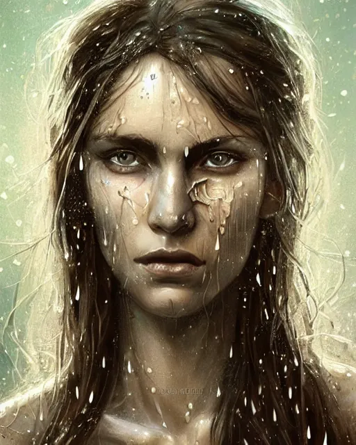 Prompt: goddess woman,, soft eyes and narrow chin, dainty figure, long hair straight down, torn overalls, nebula background, side boob, wet shirt, wet, raining, highly detailed face, realistic face, beautiful detailed eyes, fantasy art, in the style of greg rutkowski, illustration, epic, fantasy, intricate, hyper detailed, artstation, concept art, smooth, sharp focus, ray tracing, vibrant,
