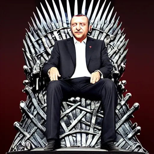 Prompt: photo of Recep Tayyip Erdoğan sitting on the iron throne, HD