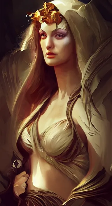 Prompt: portrait of eris, the greek goddess of chaos, digital art, cinematic lighting, digital concept art by wlop, artgerm, james gurney