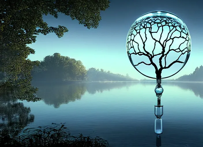 Prompt: glowing transparent crystal ball on a beautiful lake, radiant light, tree of life inside the ball, intricate details, reflections on the water, ripples, moody sky, hyperdetailed illustration by mark brooks, by yuumei, unreal engine 5, low light