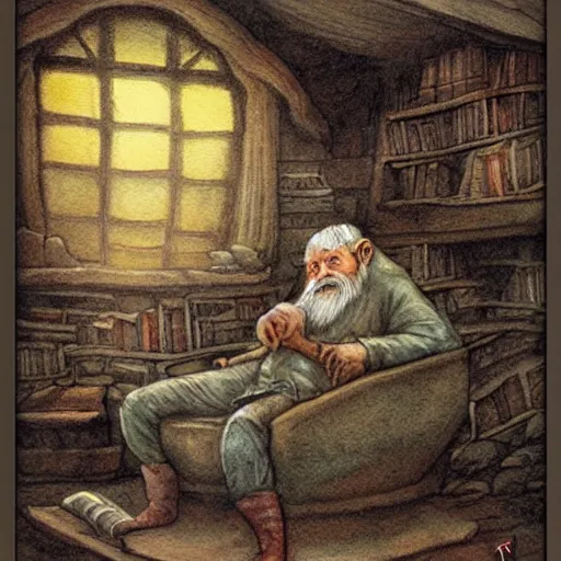 Image similar to dramatic light volumetric light hobbit knome elf whimsical fantastical a muted color watercolor sketch of a old man sitting in big chair next of a fireplace in his whimsical fantastical hobbit house living room surrounded by stacks of books from a whimsical fantastical story book character ifrom the book Baltimore & Redingote by Jean-Baptiste Monge of an old man in the style of by Jean-Baptiste Monge that looks like its by Jean-Baptiste Monge and refencing Jean-Baptiste Monge