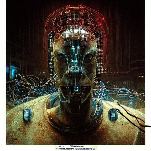 Image similar to cyberpunk dystopian cyborg hyena, wires and glowing lights, beksinski style, realism