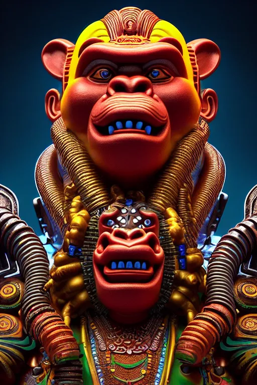 Image similar to high quality 3 d render post - rococo cyberpunk hanuman! head building, neon madhubani, open mouth, highly detailed, in sci - fi new delhi, cinematic smooth unreal engine, lee madgwick & liam wong, dramatic light, low angle, uhd 8 k, sharp focus