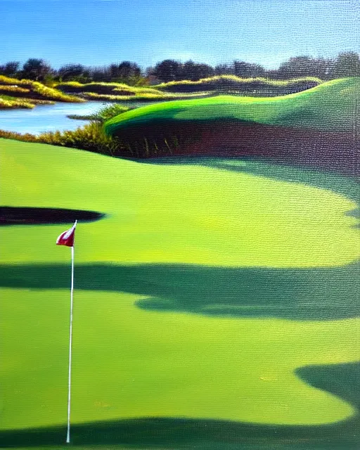 Prompt: oil painting of golf course, flag, oil painting,