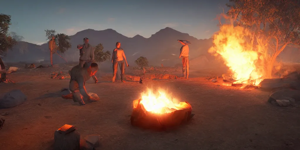 Image similar to indegenous people making fire, andean sunset, unreal 5, hyperrealistic, realistic, photorealistic, dynamic lighting, highly detailed, cinematic landscape, studio landscape, studio lighting