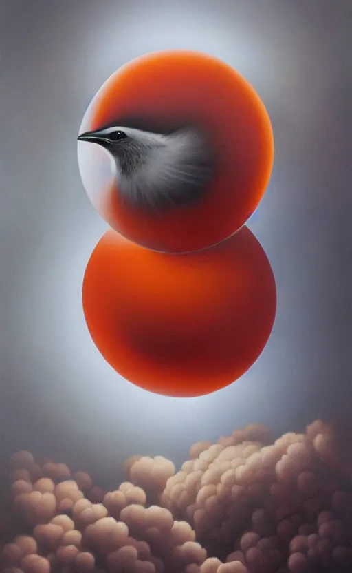 Prompt: an ultra fine detail painting of a round floating bird with a lot of smoke coming out of it, an airbrush painting by Ron English, by Marco Mazzoni, by Brian Despain, cgsociety, hyperrealism, airbrush art, hyper realism, oil on canvas, nuclear art, pop surrealism