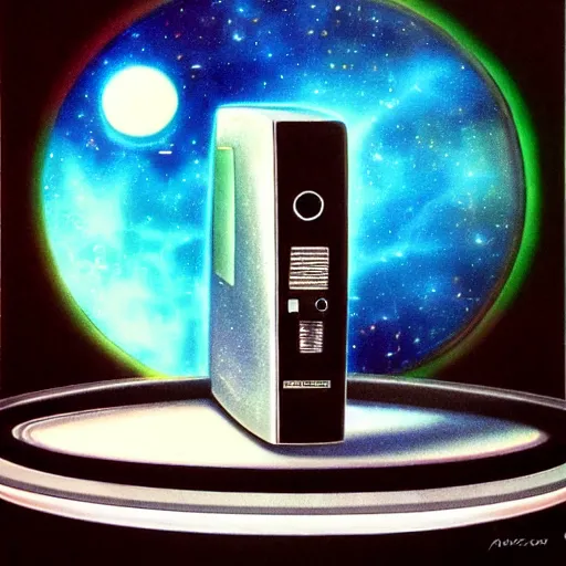Prompt: 8 0 s airbrushed portrait of a desktop computer above a chrome moon, 8 0 s art, vintage, airbrush, bright colors, grainy, retro, behance, magazine