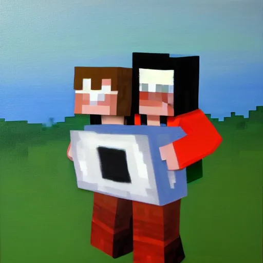 Prompt: a minecraft steve giving a hug to a minecraft creeper, oil on canvas
