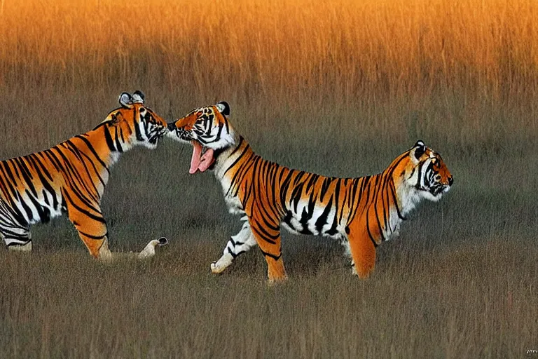 Prompt: antelope hunting a tiger, golden hour, 6 0 0 mm, wildlife photo, national geographics